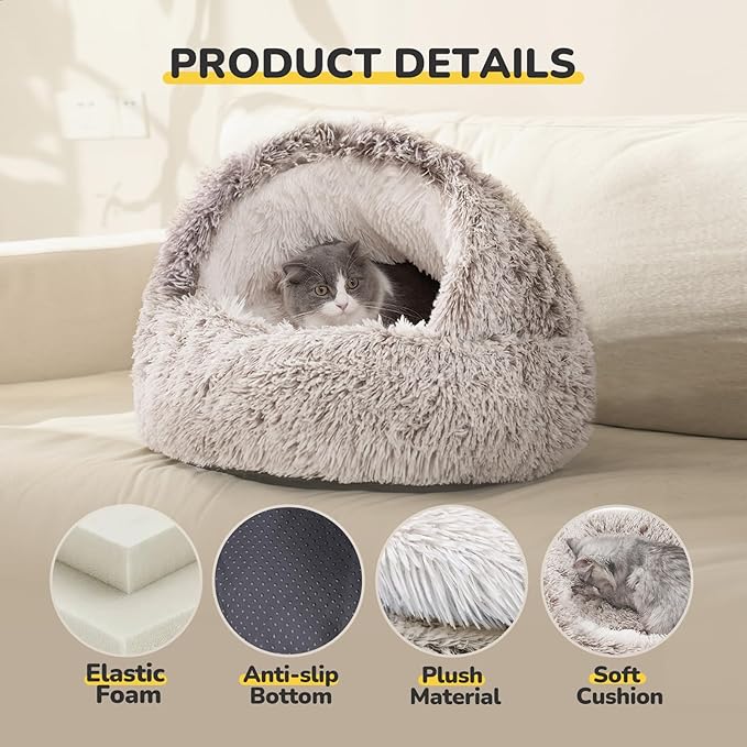 CATISM Plush Hooded Cat Bed, Calming Nest, Self-Warming Cave, Cozy Pod for Indoor Cats or Small Dogs, Removable Washable Cove With Non-Slip Bottom