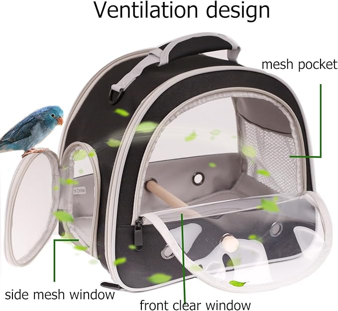 Portable Parrot Travel Cage Carrier with Small Swing Toy&Cage Colorful Toys Set Small Bird Parakeet Bag with Standing Perch Bird Carry Transport Bag (Black, Carreir/Swing)