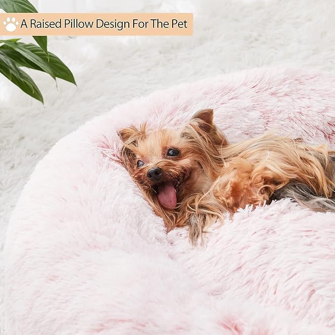 WNPETHOME Calming Dog Bed Cat Bed Donut, Faux Fur Pet Bed Self-Warming Donut Cuddler, Comfortable Round Plush Dog Beds (24 x 24 x 8 Inch, Light Pink)