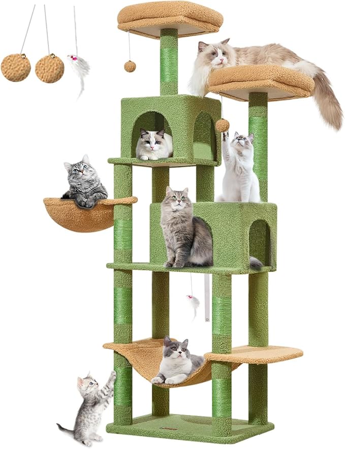 Taoqimiao Cat Tree, 66.2-Inch Cat Tower for Indoor Cats, Plush Multi-Level Cat Condo with 7 Scratching Posts, 2 Perches, 2 Caves, Hammock, 2 Pompoms, MS013T Cactus