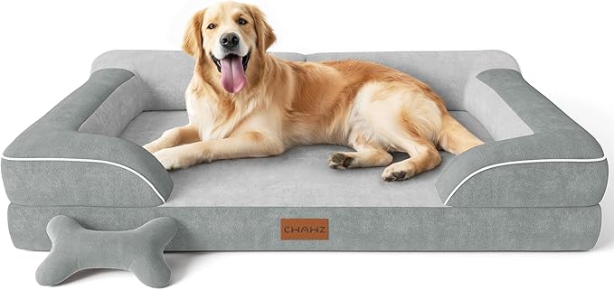 Extra Large Dog Bed, Orthopedic Dog Bed with Cooling Gel Memory Foam, Waterproof XL Pet Bed with Removable Washable Cover, 42" Pet Sofa Couch Dutch Velvet with Bone Toy, Light Gray