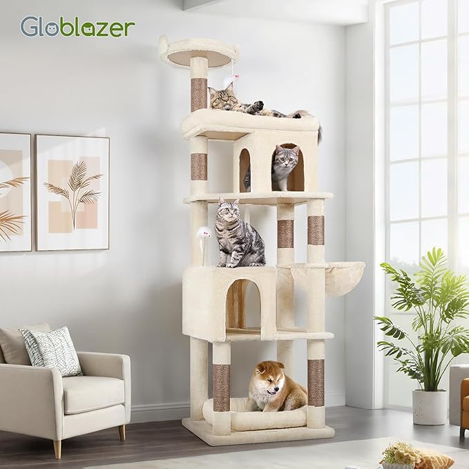 Globlazer Heavy Duty Cat Trees for Large Cats, Sturdy 72in Maine Coon Cat Tree for Large Cat 20 lbs+ Heavy Duty Cat Tower for Adult Biggest Cats with 6 Scratching Posts, Hammock, S72, Beige
