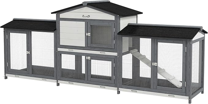 PawHut 90.5" Wooden Rabbit Hutch Bunny Cage Pet Playpen House Enclosure with Double Side Run Boxes, No Leak Tray, Ramp, for Guinea Pig and Small Animals, Light Gray