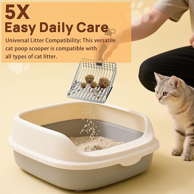 Heavy Duty Stainless Steel Cat Litter Scoop with Holder - Non-Slip Handle, Quick-Sifting Grid & Easy to Clean