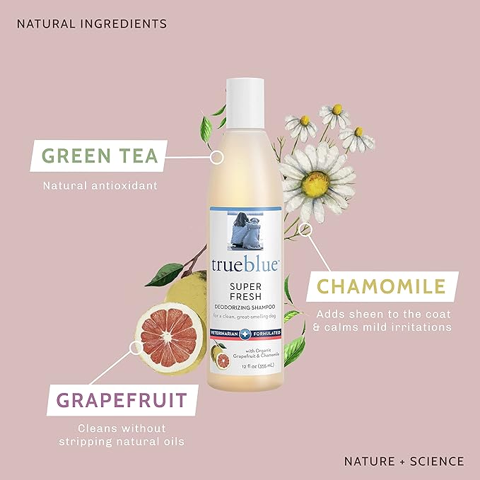 TrueBlue Grapefruit & Chamomile Deodorizing Dog Shampoo – Cleansing Wash, Moisturizing – Toxin Free, Natural Botanical Blend – Tearless – 12 Fl. Oz.