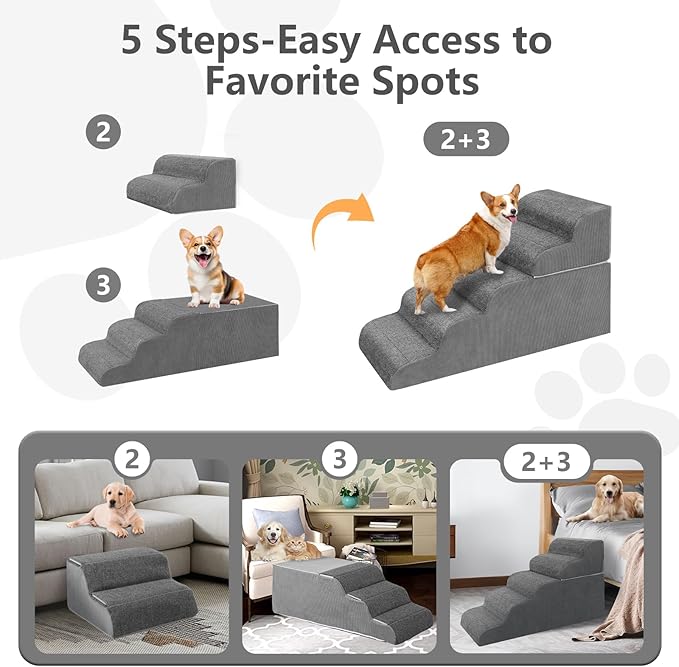𝟱 𝗦𝘁𝗲𝗽𝘀 Dog Stairs for High Beds, 21.3" Tall Pet Steps for Small to Large Dogs & Cats, Waterproof with Removable Cover & PE Support Board for Bed, Couch, or Car