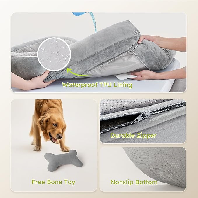 Extra Large Dog Bed, Orthopedic Dog Bed with Cooling Gel Memory Foam, Waterproof XL Pet Bed with Removable Washable Cover, 42" Pet Sofa Couch Dutch Velvet with Bone Toy, Light Gray