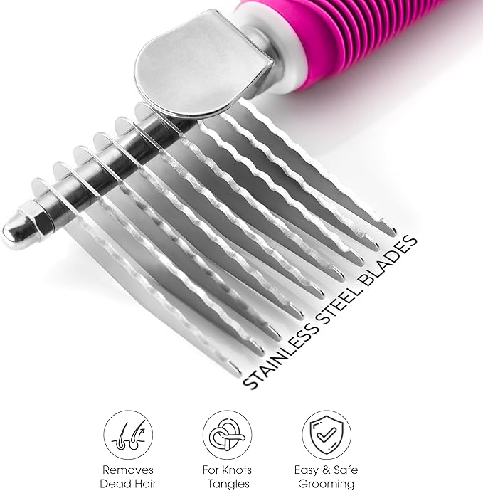 Poodle Dematting Fur Rake Comb Brush for Dogs and Cats - Long 2.5" Steel Safety Blades Metal Comb for Detangling Matted or Knotted Undercoat Hair