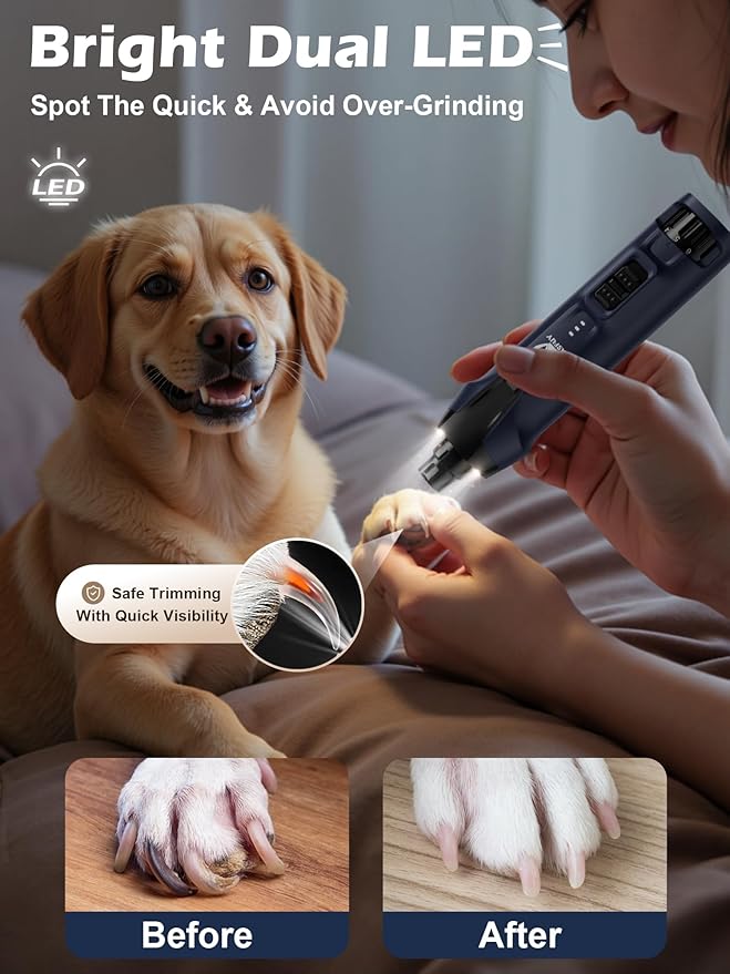 Casfuy 6-Speed Dog Nail Grinder – 50%+ Boost Power Dog Nail Trimmers Quiet with Dust Cap & 2 LED Lights & 2000mAh Battery & 4.8V Motor Electric Pet Toenail File Tool for Large Medium Small Dogs Cats