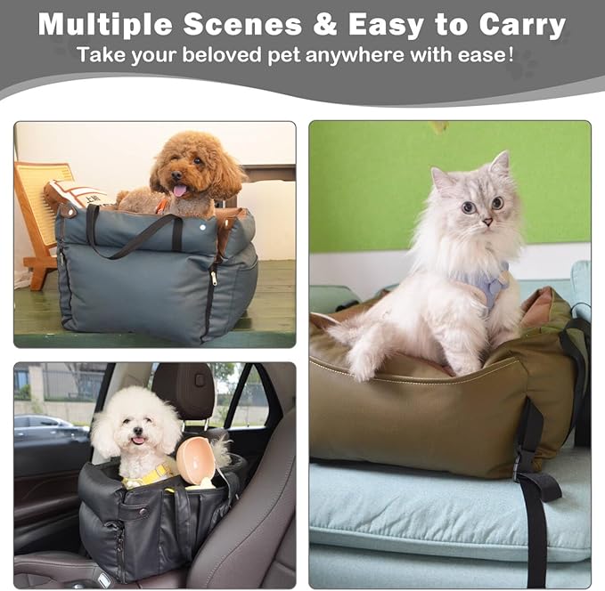 Dog Car Seat for Small Dogs, Large Leather Dog Car Bed with Storage Pocket, Waterproof PVC Leather Booster Seat Travel Bed for Front & Back Seat, Clip-On Safety Leash (Black)