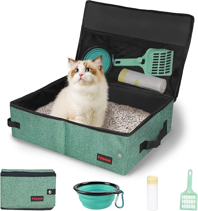 Portable Cat Travel Litter Box. Zipped Lid, Collapsible Litter Box for Cats. No Leakage, No Smell. Easy to Carry. Used for Hotels, Camping, Car (Green, M)