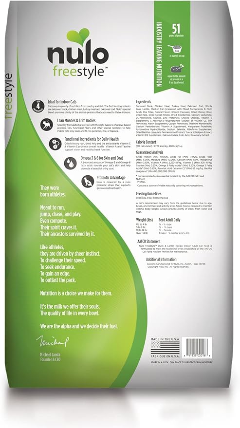 Nulo FreeStyle High Protein Indoor Cat Food, Duck & Cod Recipe - Natural Grain-Free Dry Indoor Cat Food with Omega Fatty Acids, & Probiotics, 4 lb Bag