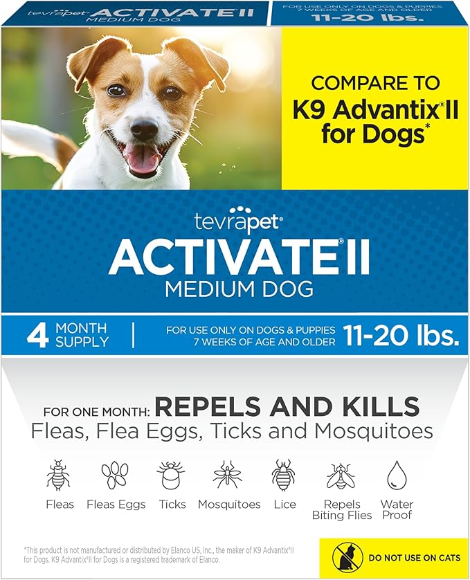 TevraPet Activate II Flea and Tick Prevention for Dogs | 4 Count | Medium Dogs 11-20 lbs | Topical Drops | 4 Months Flea Treatment