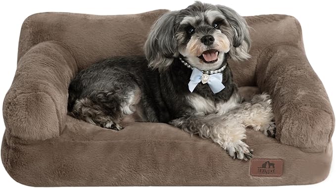 Hollypet Fluffy Plush Pet Sofa Soft Calming Pet Sofa Beds for Medium Small Cats and Dogs, Dark Brown