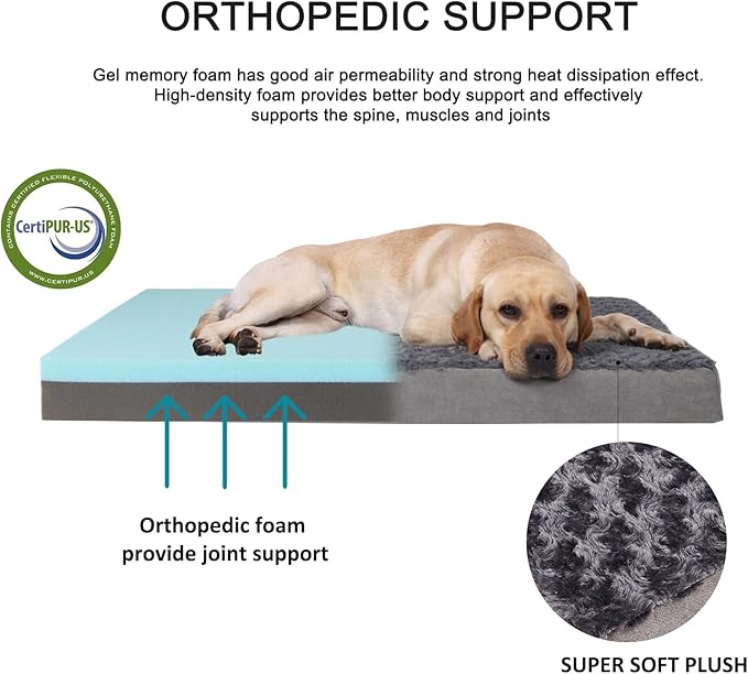 Jumbo Human Dog Bed, Orthopedic Memory Foam Pet Mat, Washable Dog Crate Bed with Cooling Gel, Removable Cover & Waterproof Lining
