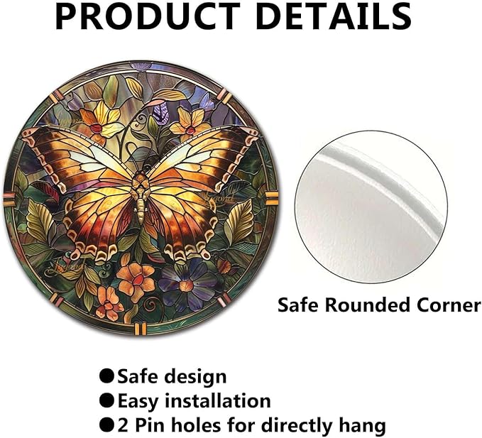 Lygond Metal Sign Tin Sign Circular Stained Glass Butterfly Funny Bathroom Decor for Garage 8×8 Inches