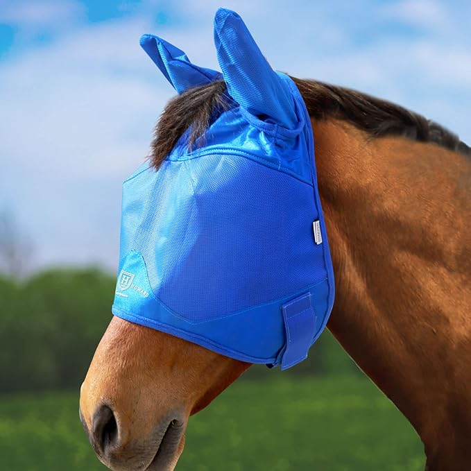 Harrison Howard UV-proof Multi-Function Fabrics Thick Fleece Padding Horse Fly Mask Half Face with Ears Signature Blue Horse Large