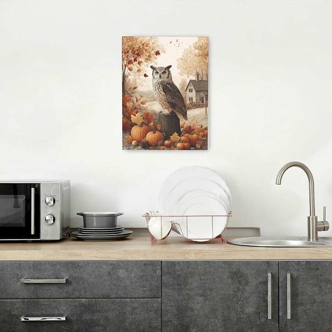 Fall Owl Wall Art Autumn Pumpkin Leaves Wall Decor Rustic Canvas Print Farmhouse Pictures Painting Print Framed Artwork Decorations Gifts for Living Room Bathroom Bedroom Office 12"x16"