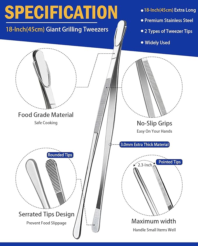 JETKONG 2 Pcs 18 Inch (45cm) Stainless Steel Grill Tongs Heavy Duty Giant Tweezer Tongs, Extra Large Tweezers Tools for Cooking, Grilling, BBQ and Turning Food (Silver)