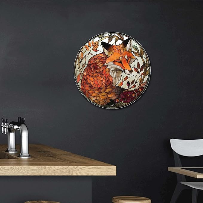 Lygond Metal Sign Tin Sign Circular Stained Glass Red Fox2 Funny Garden Signs For Garage 12×12 Inches
