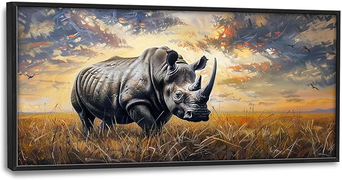 Rhino Large Wall Art Rustic Cool Wild Animal Rhinoceros Pictures Sunset Field Landscape Wall Decor Canvas Print Painting Artwork for Bathroom Living Room Bedroom 60L" x 30W"
