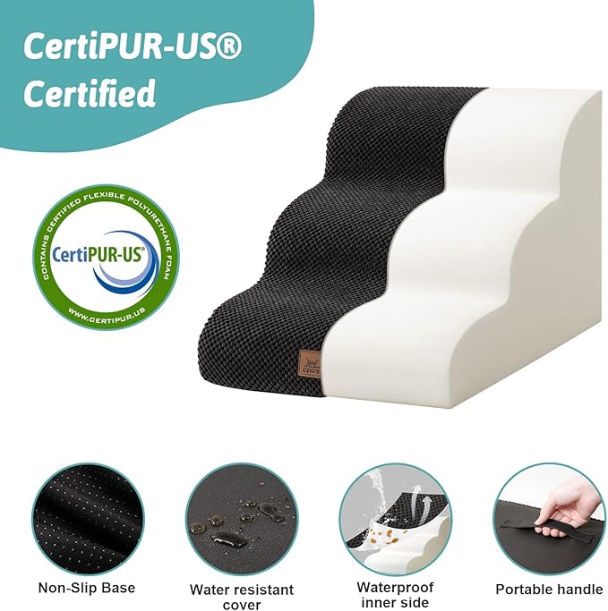 Dog Stairs for Small Dogs 15.7" H, Curved Dog Step for Puppy, Older Cat, Medium Pet Ramp for Sofa, Couch or Bed, Ladder with High Density Foam, 15.7x22.4x15.7 inch, 3 Step, Black