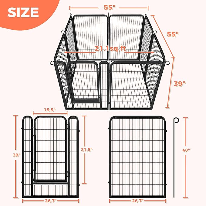 40 Inch Dog Playpen - 8 Panels Metal Pet Exercise Pen for Medium-Large Dogs, Indoor/Outdoor Dog Fence for Yard, Garden, Camping & RV Travel
