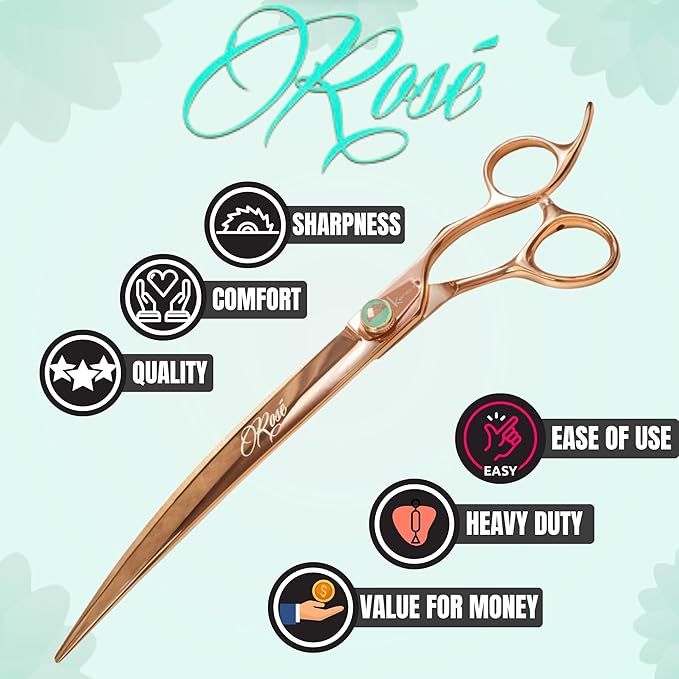 Kenchii Rose Dog Grooming Scissors, 9 Inch Curved Shears, Dog Scissors for Grooming, Ergonomic Design for Comfort and Precision, Heavy Duty, Durable and Sharp