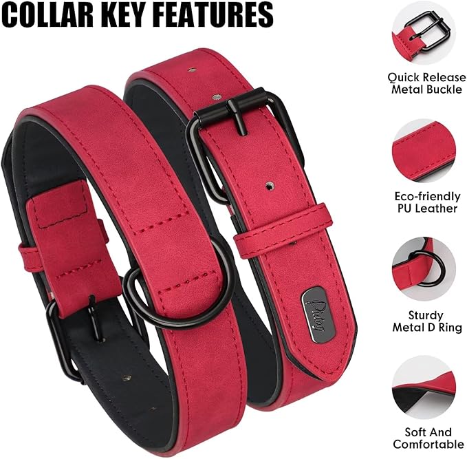 Didog Soft Padded PU Leather Dog Collar, Breathable and Adjustable Red Dog Collars for Small Dogs, Comfortable for Daily Walk, Red, M Fit Neck 12-15"(13-22 lbs)