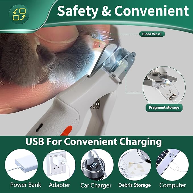 2-in-1 Cat Nail Clippers & Dog Nail Clippers Trimmers for Large Medium Small Dogs Cats Claw Trimmer Quick Sensor and Safety Guard USB Rechargeable with 2 LED Lights Dogs Nail Trimmer