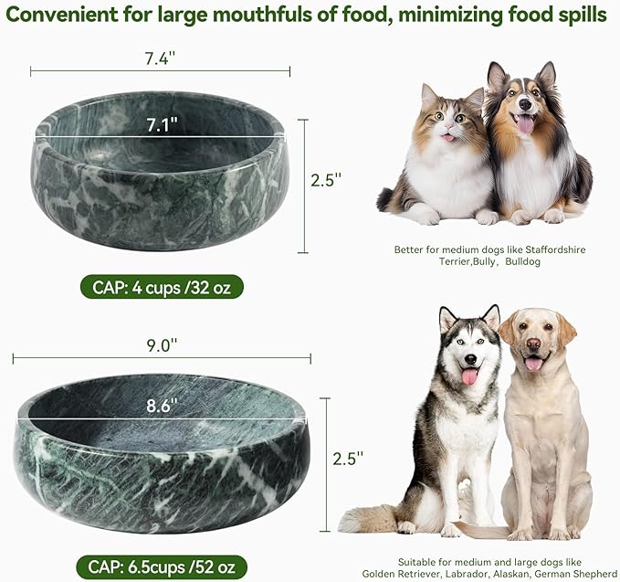 Green Marble Dog Bowl, 6lbs Non-Slip,Non-Tipping Heavy Dogs Food Bowl, Large Dog Dish, Weighted Food and Water Bowls for Large Dogs, Natural Marble, Easy to Clean, Holds 6 Cups