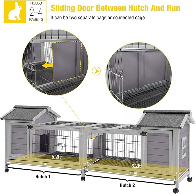 Aivituvin Rabbit Hutch Bunny Cage with Double House and Run Indoor Outdoor Guinea Pig House with Deeper No Leak Trays and Wheels