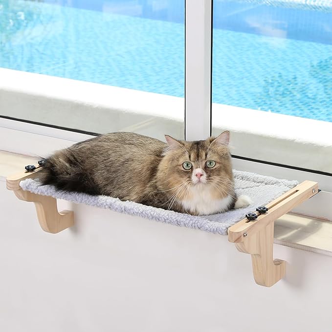 Easy Seat Cat Perch for Window Sill - Hammock Design w/Pine Wood & Robust Metal Frame - Cat Window Seat for Large Cats and Kittens (Natural Color Wood w/Gray Bed, Medium (23''W x 14''D))