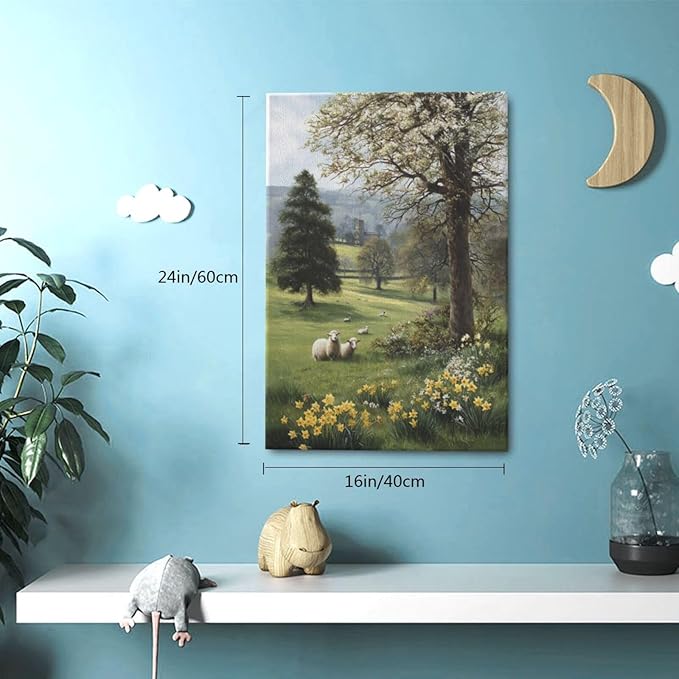 Country Sheep Canvas Wall Decor Farmhouse Rustic Lamb Wildflower Wall Art Nature Countryside Landscape Pictures Painting Print Framed Artwork Decorations for Bathroom Living Room Bedroom 16"x24"