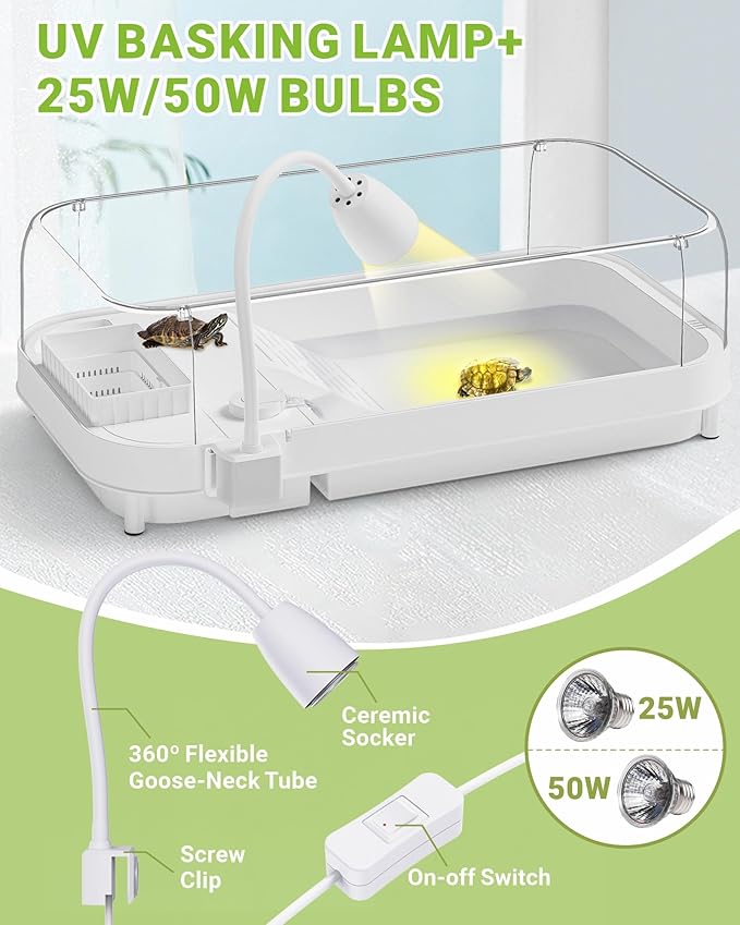 Large Turtle Tank Kit with Lamp and Filter, Acrylic Turtle Tank Starter Kit, Tank Aquarium with Heightened and Curved Fences, Bottom Drainage, Multi-Function Areas