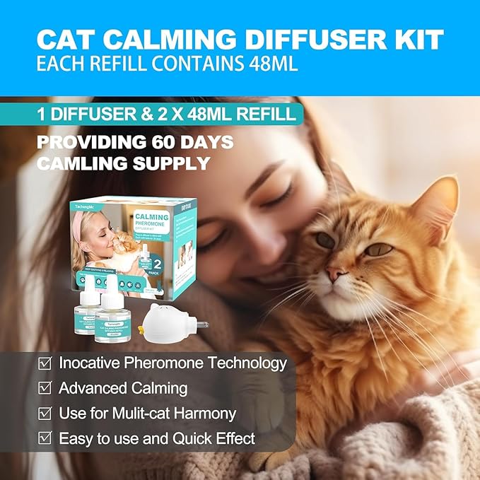 Cat Calming Diffuser, Cat Pheromones Calming Diffuser, Effectively Relieve Anxiety Stress Cat Diffuser Calming Multicat with 1 Diffuser + 2 Refill 48ml Last 60 Days Fits All Cats