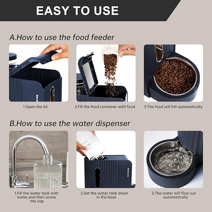 Gardner Pet Automatic Gravity Cat Food Feeder and Water Dispenser Stainless Steel Two-in-One Set Large Capacity Dispenser for Pets Dogs, Puppies, Kittens