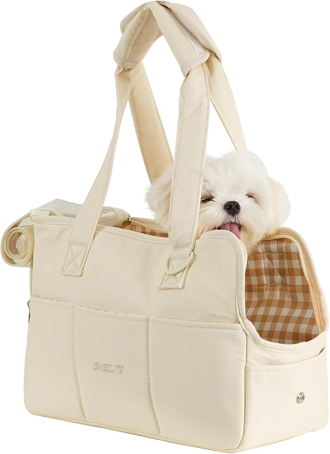 Dog Purse Carrier for Small Dogs Rabbit cat with Large Pockets, Cotton Bag, Dog Carrier Soft Sided, Collapsible Travel Puppy Carrier (Beige, 13.6" L x 6.5" W x 10" H)