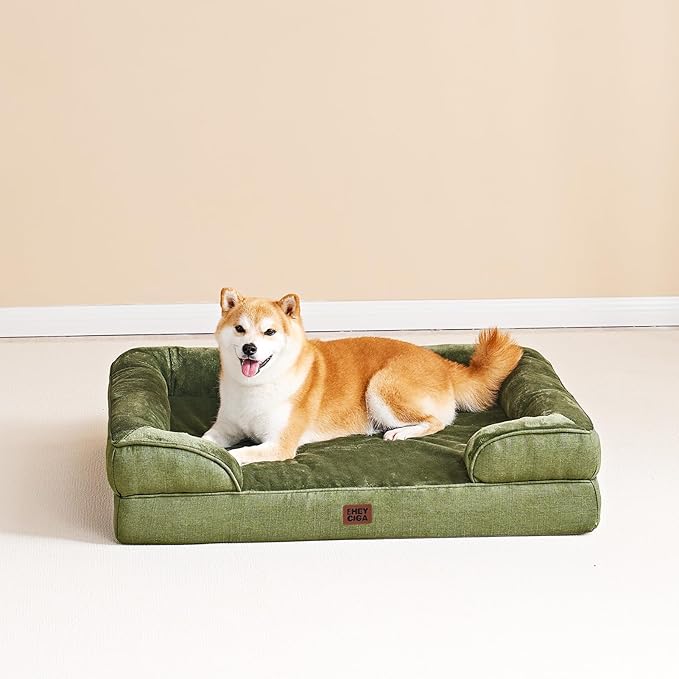 EHEYCIGA Orthopedic Dog Beds for Large Dogs, Waterproof Memory Foam Large Pet Bed with Sides, Non-Slip Bottom and Egg-Crate Foam Dog Couch Bed with Washable Removable Cover, Olive Green
