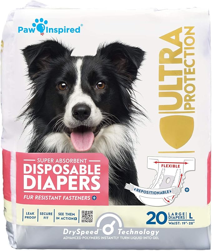 Paw Inspired 20ct Disposable Dog Diapers | Female Dog Diapers Ultra Protection | Diapers for Dogs in Heat, Excitable Urination, or Incontinence (Large)