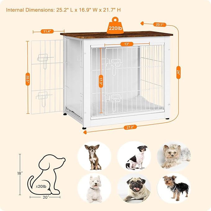 DWANTON Dog Crate Furniture with Cushion, Wooden Kennel Table with Double Doors, Indoor Dog House, Small/Medium/Large Size, 27.2" L, White+Rustic Brown