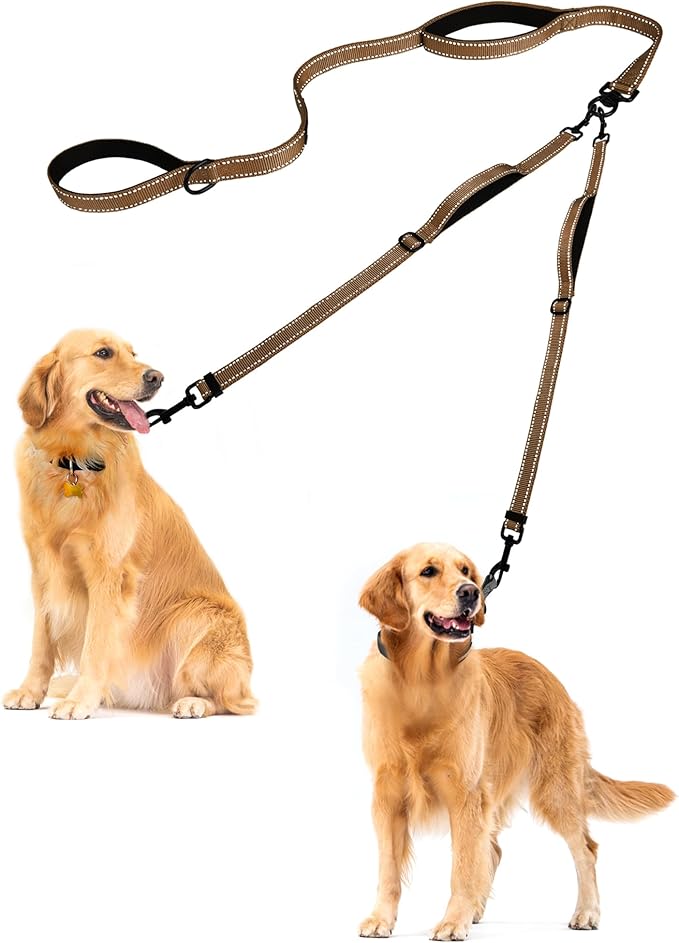 PetBonus Double Dog Leash, No Tangle Dual Leash, Reflective Walking Training Lead, 4 Comfortable Padded Handles for 2 Dogs with Collapsible Bowl and Waste Bags (Brown, Large)