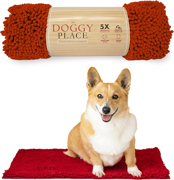 My Doggy Place Microfiber Dog Mat for Muddy Paws, 18" x 24" Red - Absorbent and Quick-Drying Dog Paw Cleaning Mat, Washer and Dryer Safe - Non-Slip Rubber Backed Dog Floor Mat, Small