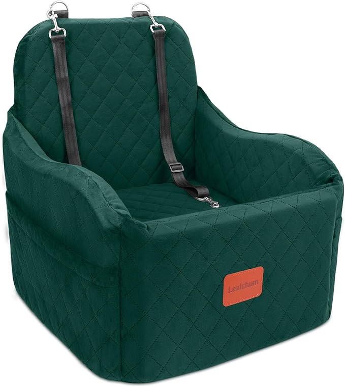Dog Booster Car Seat for Small/Medium Dogs,6in Elevated Cushion,Fully Detachable and Washable,2 Storage Pockets & 3 Straps,Fits in Front/Back Seat,Easy to Install (Green,Medium)