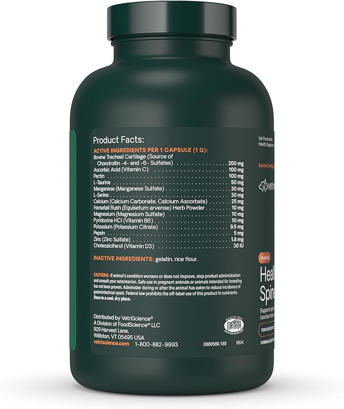 VetriScience Healthy Spine & Disc Easy-Open Capsules, Back & Spinal Support Chondroitin & Taurine Supplement for Dogs, Perfect for Dachshunds, Corgis, Frenchies & More, 180 Count