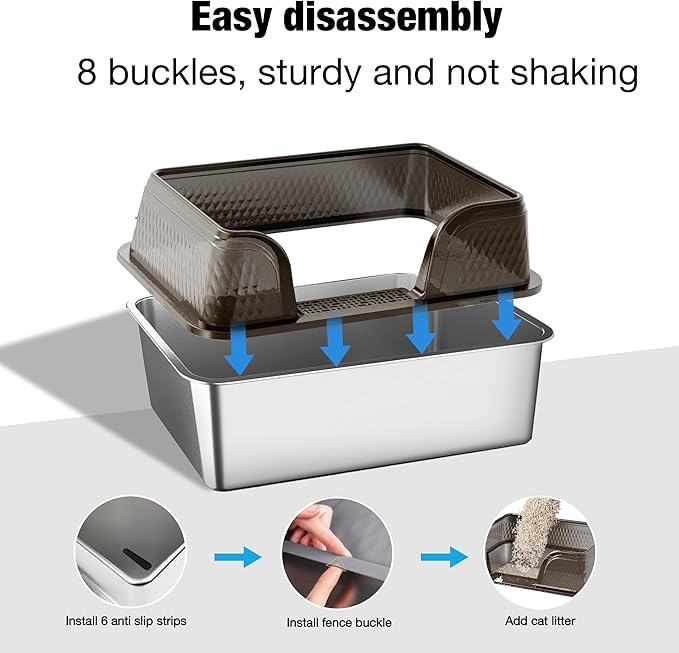 Suhaco Extra Large Stainless Steel Litter Box with Lid XXL High Sided Cat Litter Boxes Included Litter Mat & Litter Scoop Anti-Urine Leakage Metal Pet Toilet for Big Cats (Black XXL)