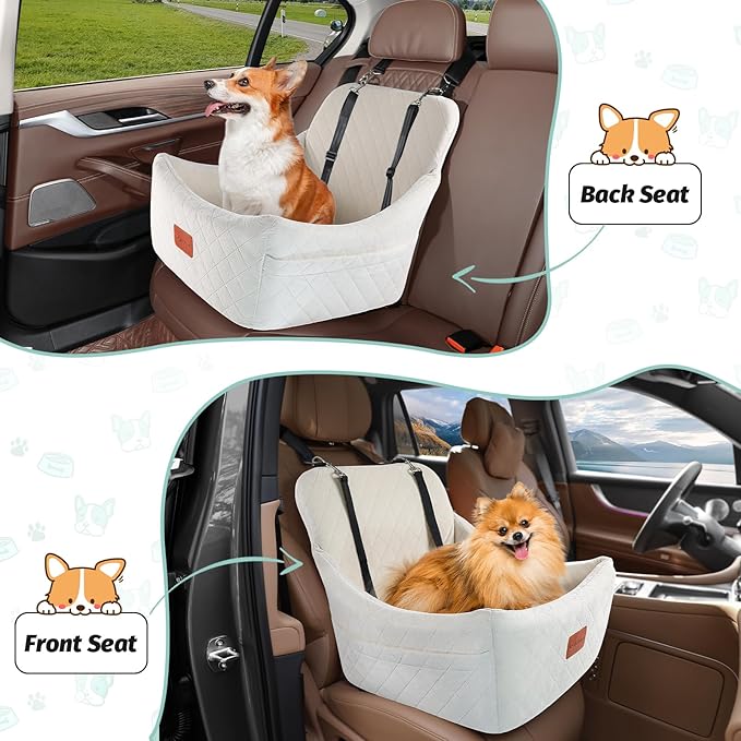Dog Car Seat for Medium Dogs,Easy to Install with Adjustable Straps,Anti-Slip Bottom,Fully Detachable and Washable,Soft Fabric Fill in Memory Foam,Two Side Pockets(Beige,Medium)
