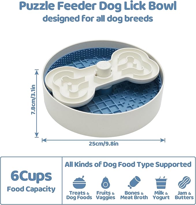 Slow Feeder Dog Bowl with Lick Mat and Puzzle Inserts - Non-Slip Base, Adjustable Speed Design, Dishwasher Safe for Large Dogs,Blue
