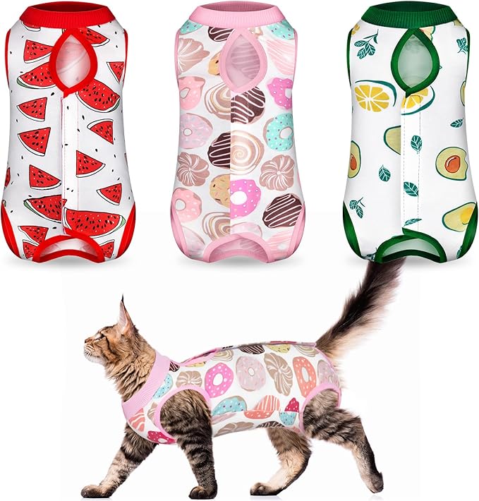 Nuanchu 3 Pieces Cat Recovery Suit Kitten Recovery Suit E-Collar Alternative for Cats and Dogs Abdominal Skin Anti Licking Pajama Clothes Sets(Watermelon Pattern,Small)