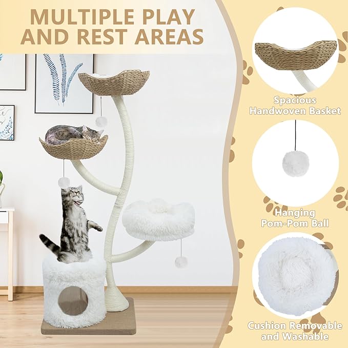63” Tall Cat Tree Tower for Indoor Cats, Multi-Level Large Cat Climbing Furniture with Scratching Posts, Soft Perch, Cozy Cave, and Hanging Toys, Sturdy Design for Multi-Cat Households